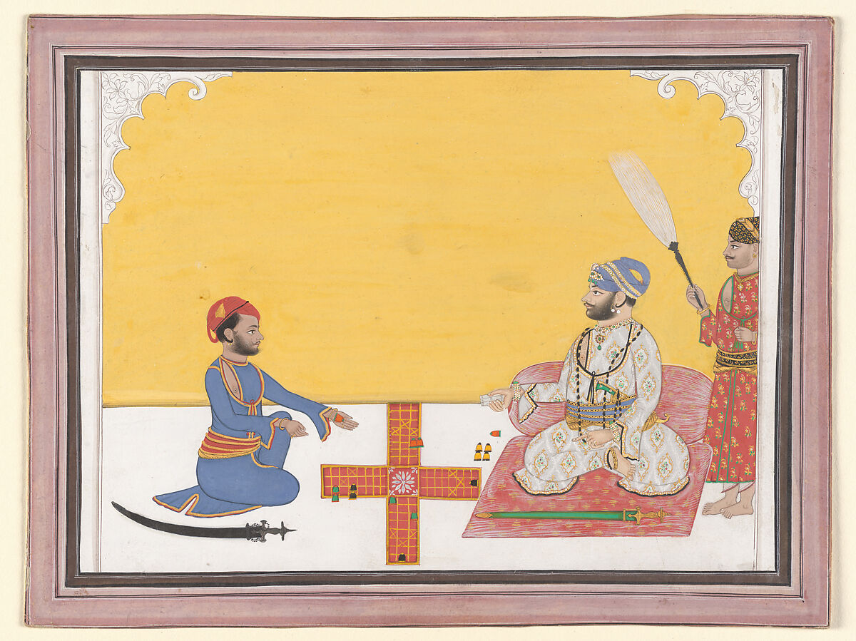 Maharaja Sovan Singh playing pachisi, Ambav (Indian, active 1860s), Opaque watercolor with gold on paper, inscribed in devanagari on the reverse, India, Udaipur, Mewar, Rajasthan 