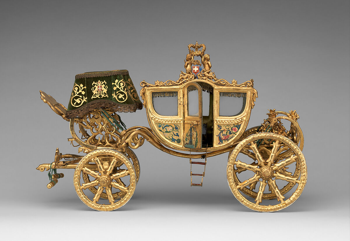 Model of a Coach, Italian School (19th century), Hand painted gilt-wood, velvet, glass, and tin 