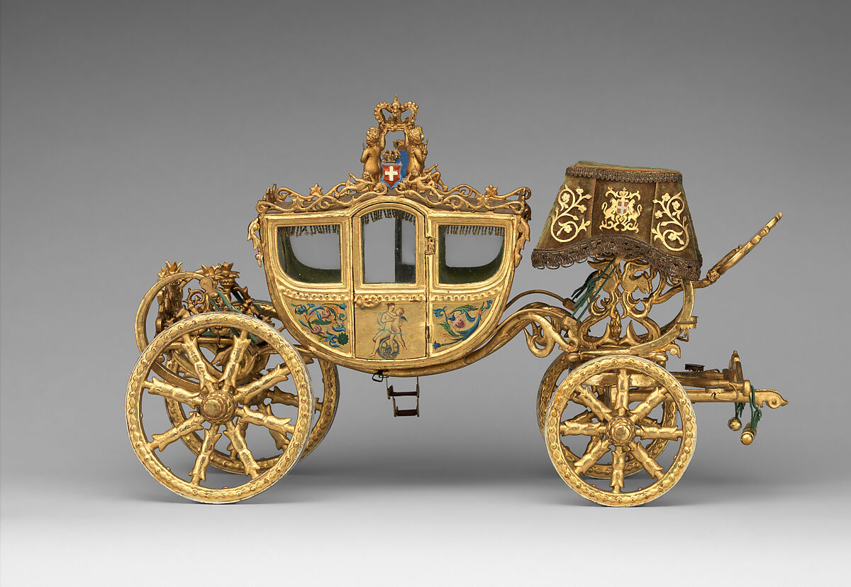 Model of a Coach, Italian School (19th century), Hand painted gilt-wood, velvet, glass, and tin