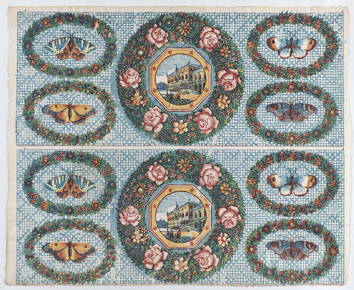Sheet with two borders with landscapes and moths within wreaths, Anonymous  , Italian, late 18th-mid 19th century, Relief print (wood or metal) 