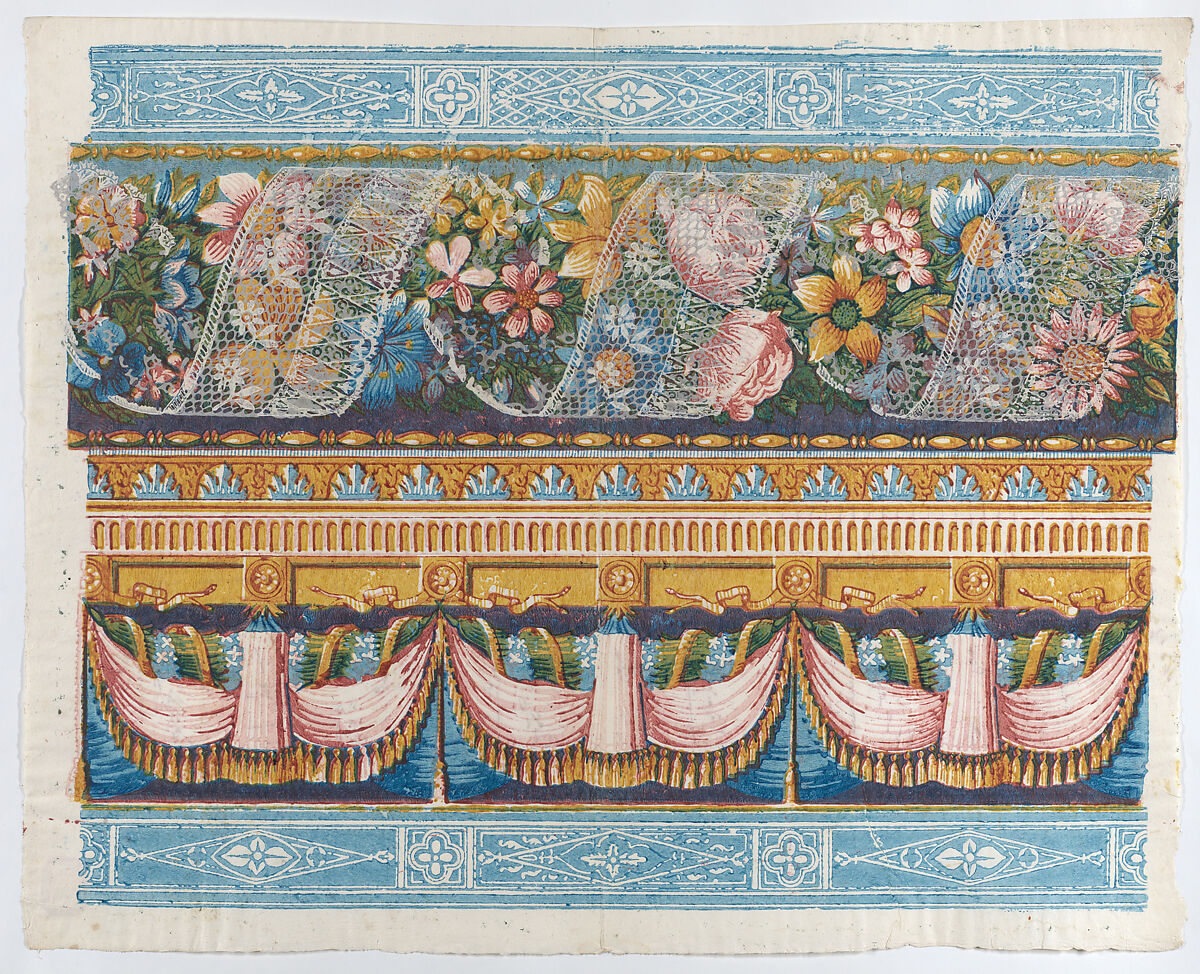 Sheet with lace atop a floral garland with drapery below, Anonymous  , Italian, late 18th-mid 19th century, Relief print (wood or metal) 