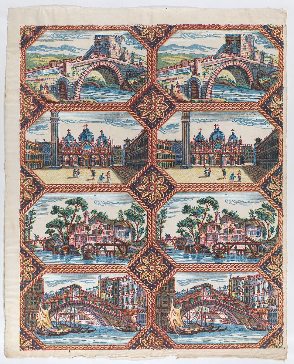 Sheet with two borders with Venetian landscapes, Anonymous  , Italian, late 18th-mid 19th century, Relief print (wood or metal) 