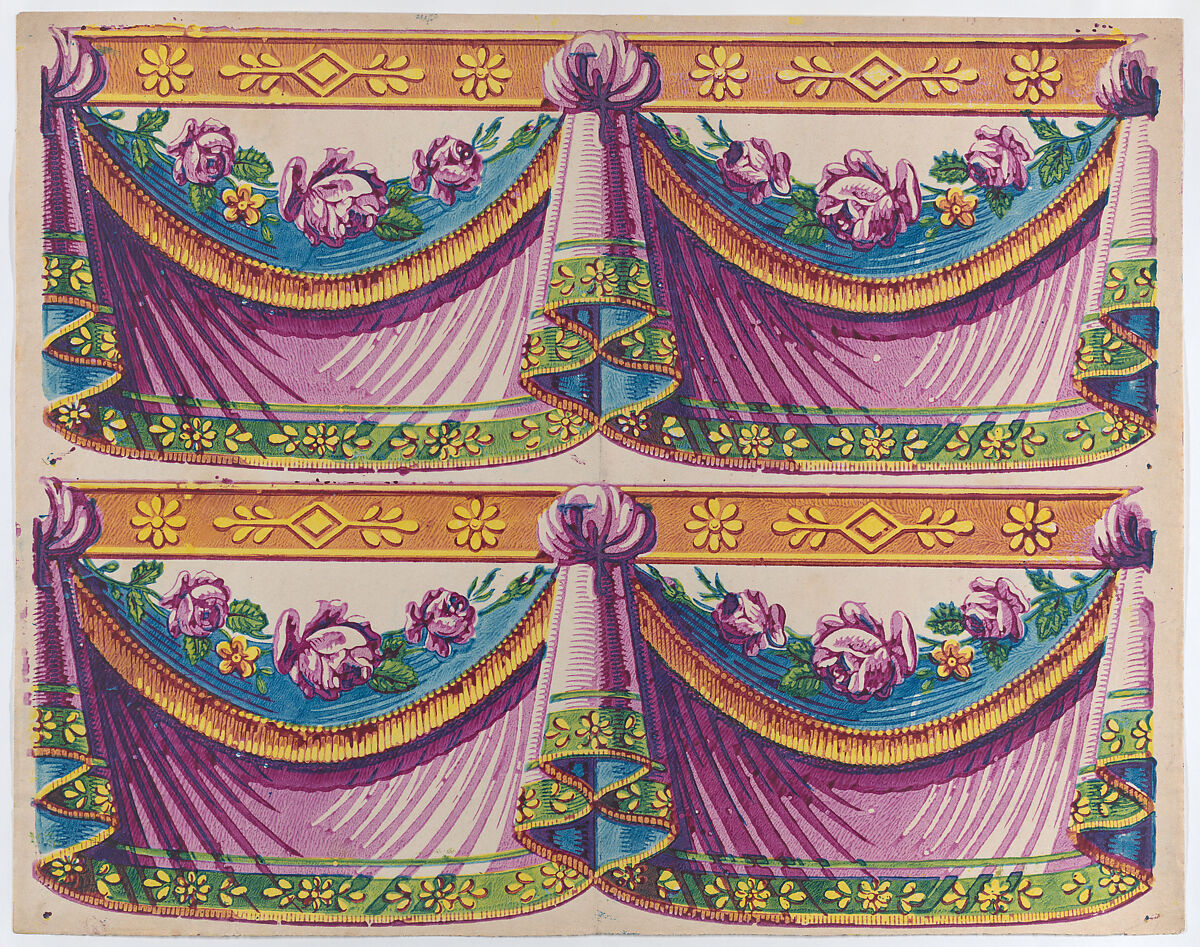Sheet with two borders with purple drapery and floral designs, Anonymous  , Italian, late 18th-mid 19th century, Relief print (wood or metal) 