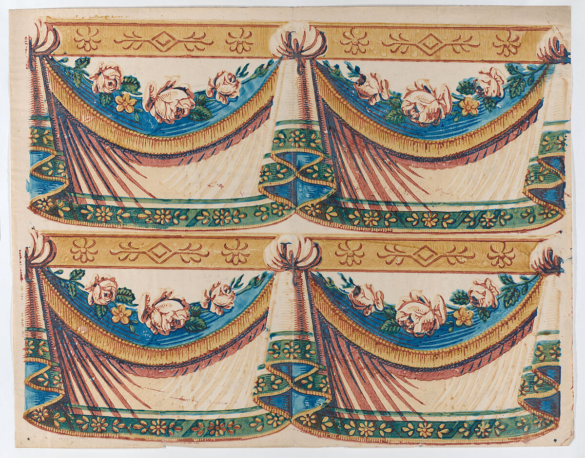 Sheet with two borders with drapery and floral designs, Anonymous  , Italian, late 18th-mid 19th century, Relief print (wood or metal) 