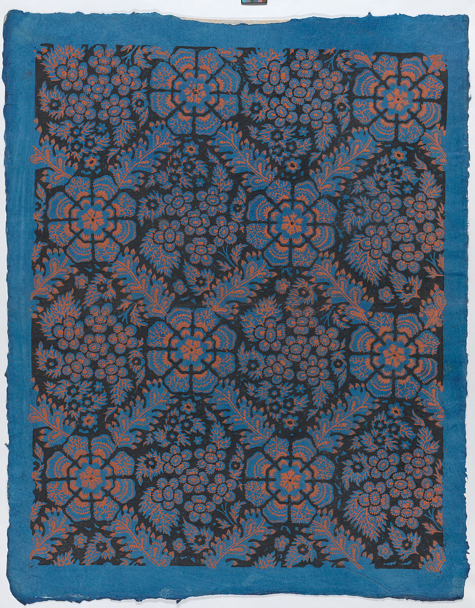 Sheet with overall floral pattern on blue background, Anonymous  , Italian, late 18th-mid 19th century, Relief print (wood or metal) 