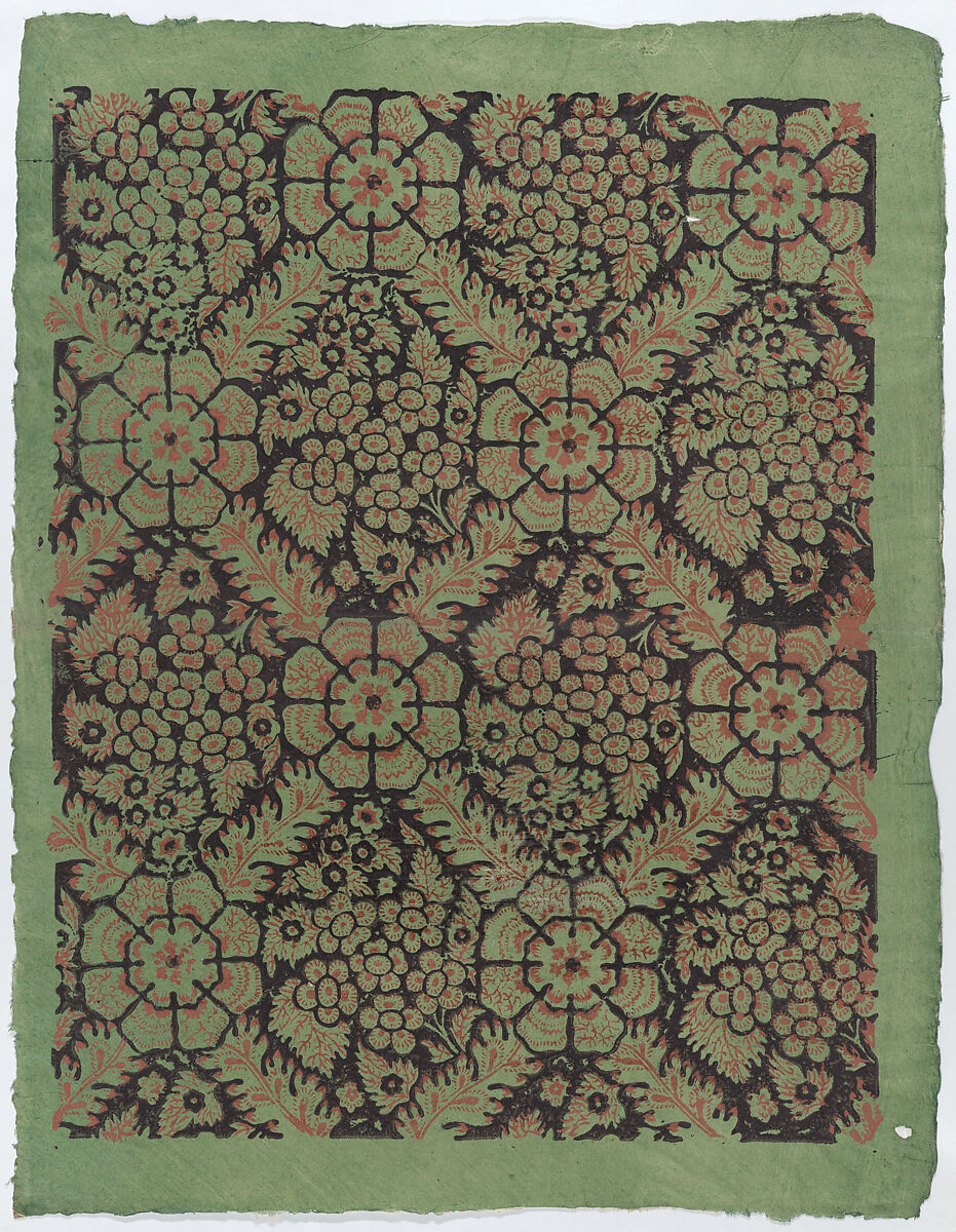 Sheet with overall floral pattern on green background, Anonymous  , Italian, late 18th-mid 19th century, Relief print (wood or metal) 