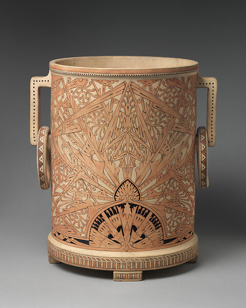 Vessel with truth, beauty, power motif, Christopher Dresser (British, Glasgow, Scotland 1834–1904 Mulhouse), Unglazed earthenware with transfer-printed decoration, British 