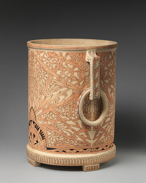 Vessel with truth, beauty, power motif, Christopher Dresser (British, Glasgow, Scotland 1834–1904 Mulhouse), Unglazed earthenware with transfer-printed decoration, British