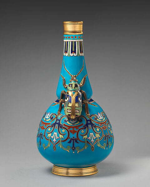 Vase with blue ground and beetle (one of a pair), Christopher Dresser (British, Glasgow, Scotland 1834–1904 Mulhouse), Bone china, British, Stoke-on-Trent, Staffordshire 