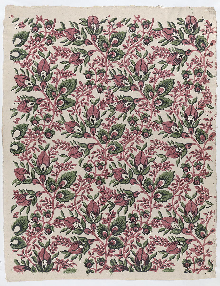 Sheet with overall floral and vine pattern, Anonymous  , Italian, late 18th-mid 19th century, Relief print (wood or metal) 