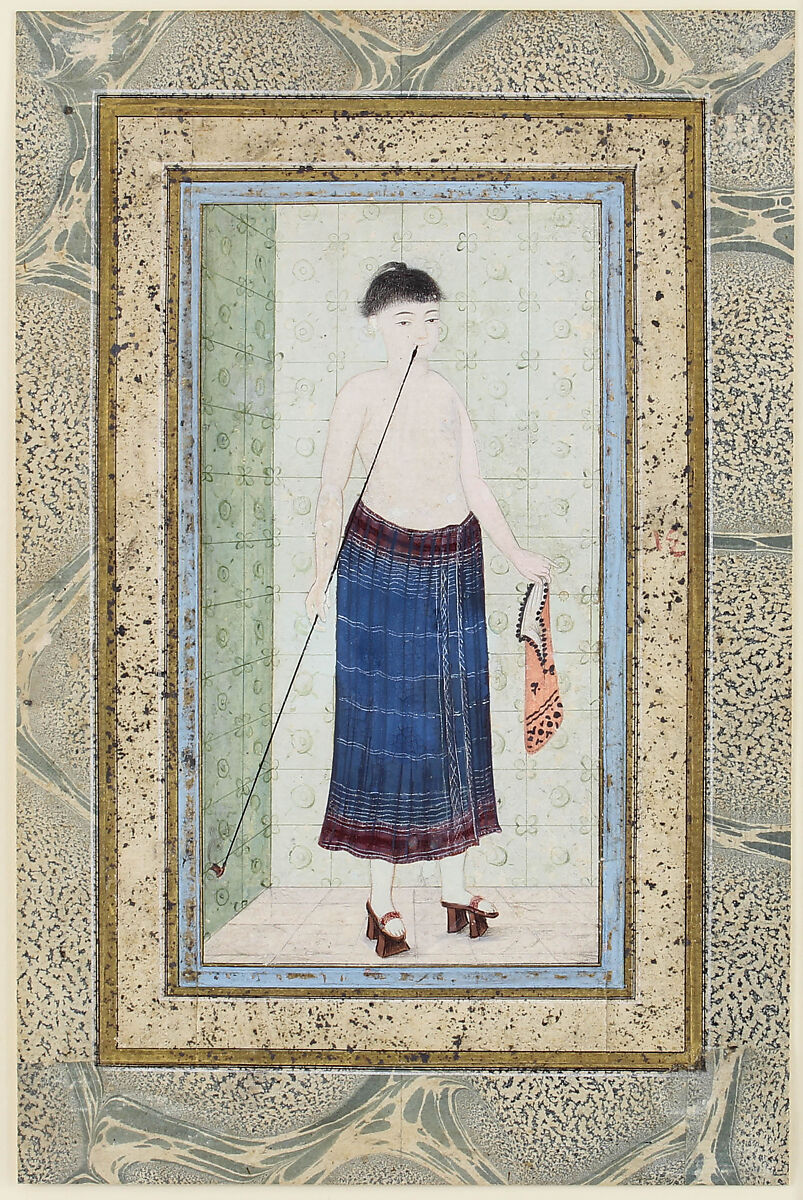 A Youth in a Hammam Smoking a Pipe, Painting: opaque watercolor on paper
Border: decorated paper with flecked silver, marbled paper, and gold (leaf and shell) 