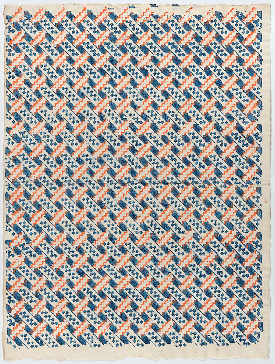 Sheet with overall orange and blue geometric pattern, Anonymous  , Italian, late 18th-mid 19th century, Relief print (wood or metal) 
