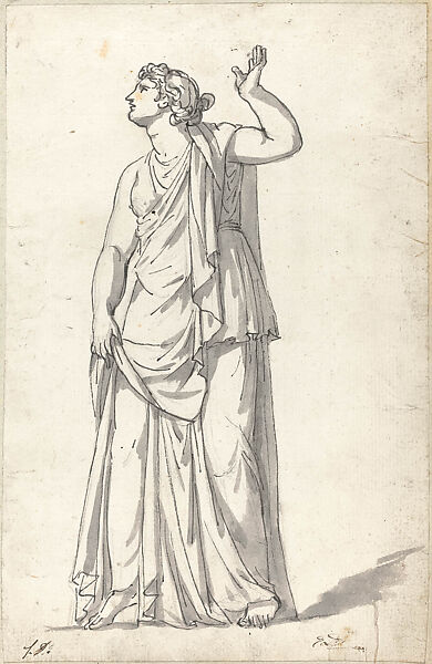 Statue of a Standing Woman (Anchyrroe); from Roman Album no. 6, leaf 5, Jacques Louis David  French, Pen and black ink, brush and gray wash, over black chalk