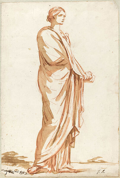 Statue of a Standing Woman; from Roman Album no. 6, leaf 5, Jacques Louis David (French, Paris 1748–1825 Brussels), Red chalk with brush and brown wash 