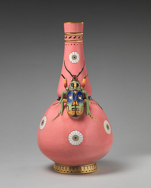 Vase with pink ground and beetle (one of a pair), Christopher Dresser (British, Glasgow, Scotland 1834–1904 Mulhouse), Bone china, enamel decoration, gilding, British, Stoke-on-Trent, Staffordshire 