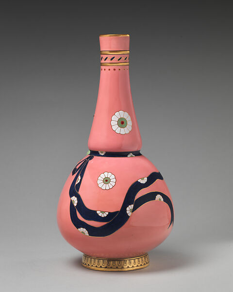 Vase with pink ground and beetle (one of a pair), Christopher Dresser (British, Glasgow, Scotland 1834–1904 Mulhouse), Bone china, enamel decoration, gilding, British, Stoke-on-Trent, Staffordshire
