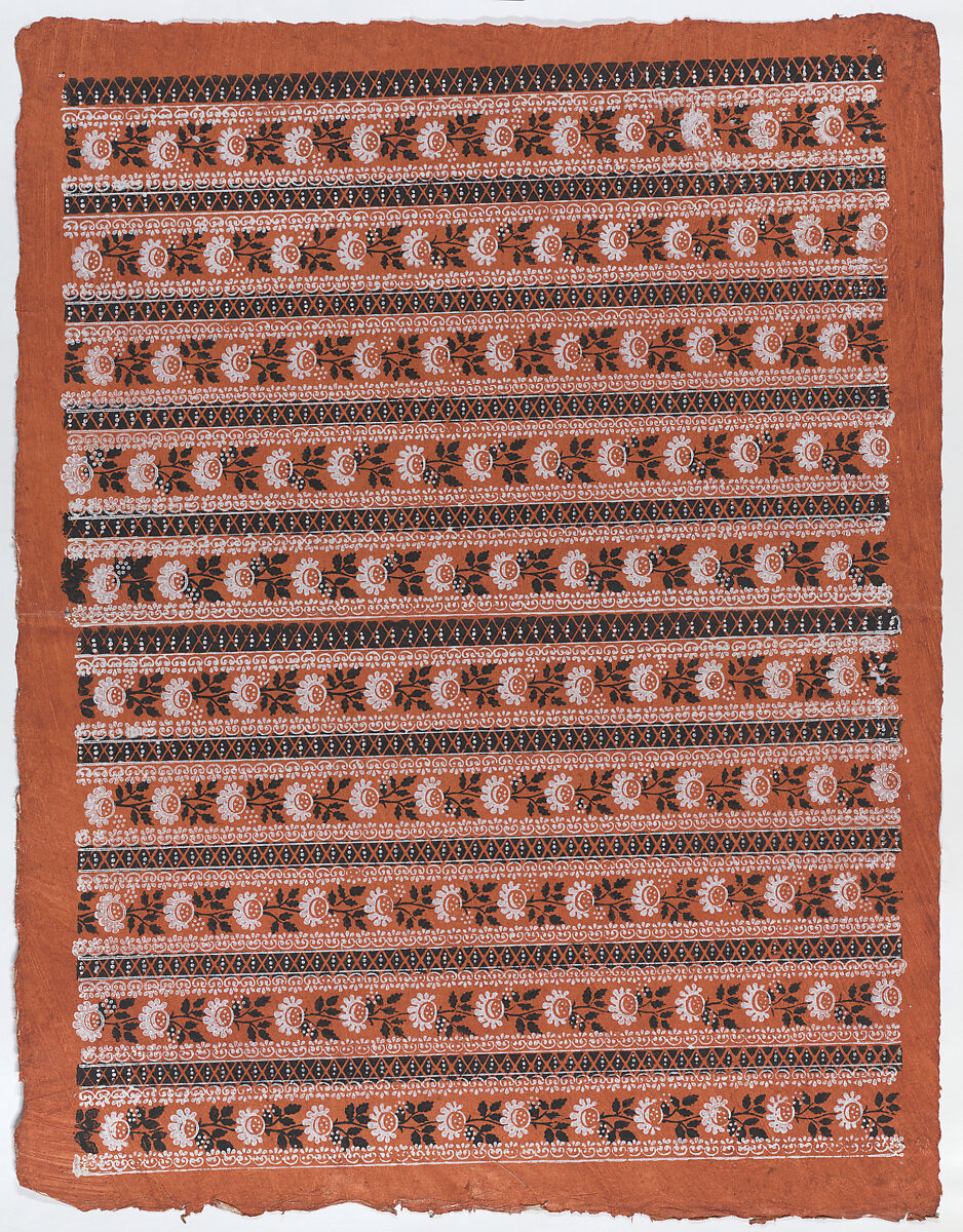 Sheet with ten borders with floral patterns on orange background, Anonymous  , Italian, late 18th-mid 19th century, Relief print (wood or metal) 