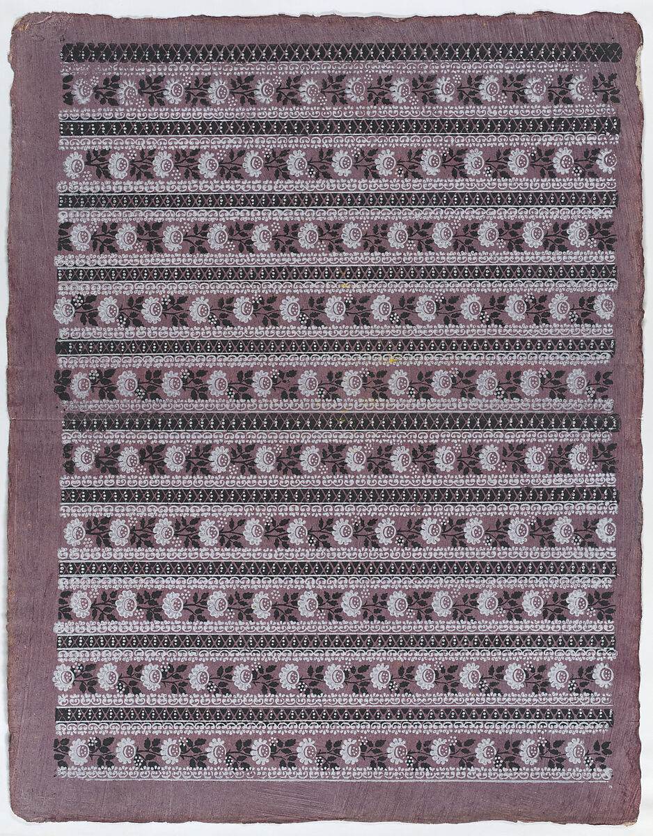 Sheet with ten borders with floral patterns on purple background, Anonymous  , Italian, late 18th-mid 19th century, Relief print (wood or metal) 