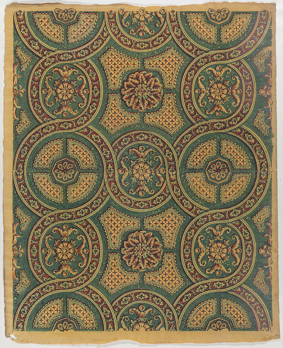 Sheet with a running circles pattern with rosettes, Anonymous  , Italian, 19th century, Relief print (wood or metal) 