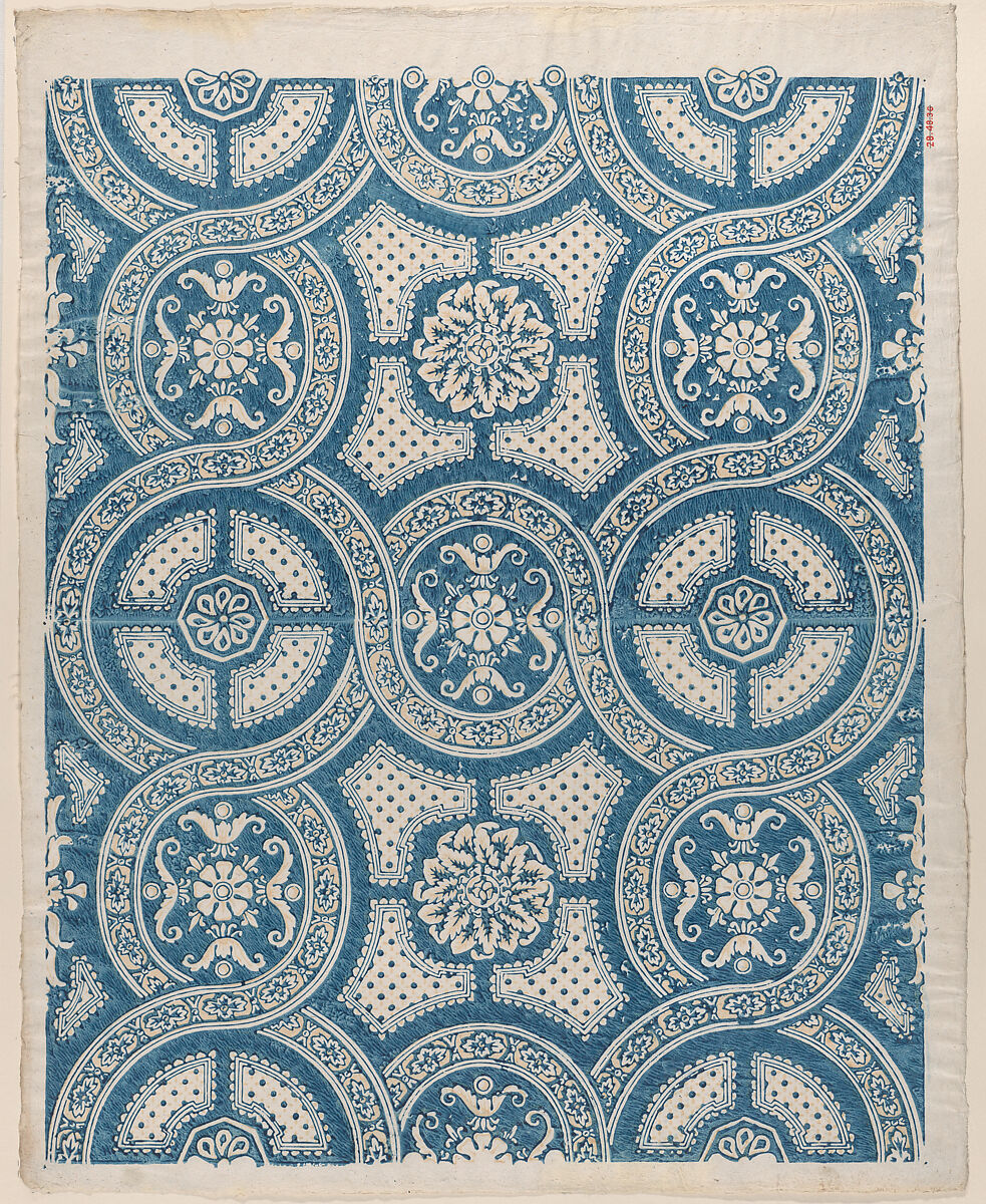 Sheet with a running circles pattern with rosettes, Anonymous  , Italian, 19th century, Relief print (wood or metal) 