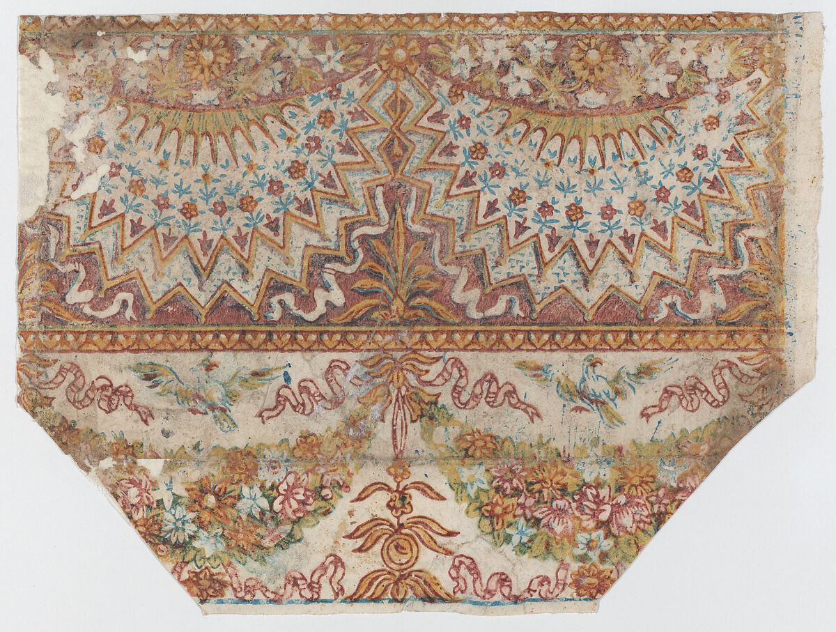 Sheet with hanging draperies, festoons, and birds, Anonymous  , Italian, late 18th-mid 19th century, Relief print (wood or metal) 