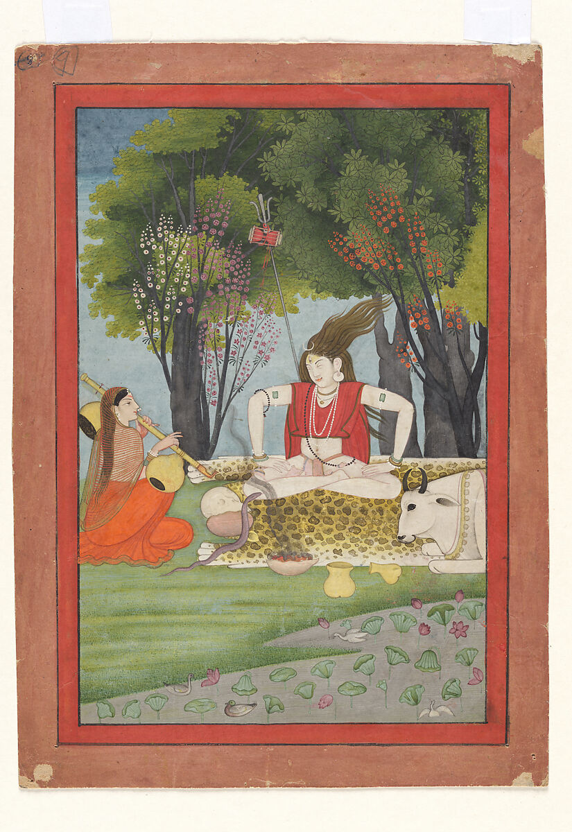 Shiva enraged by Parvati's interruption of his meditation, Opaque pigments and gold on paper, India, Guler, Himachal Pradesh 