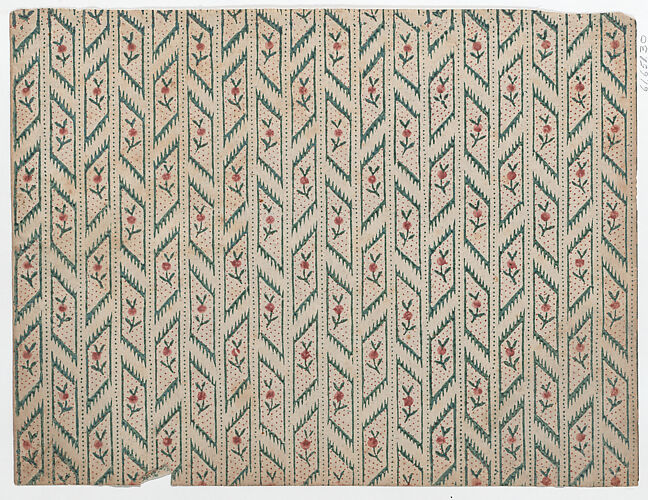 Sheet with overall red and green vine and dot pattern