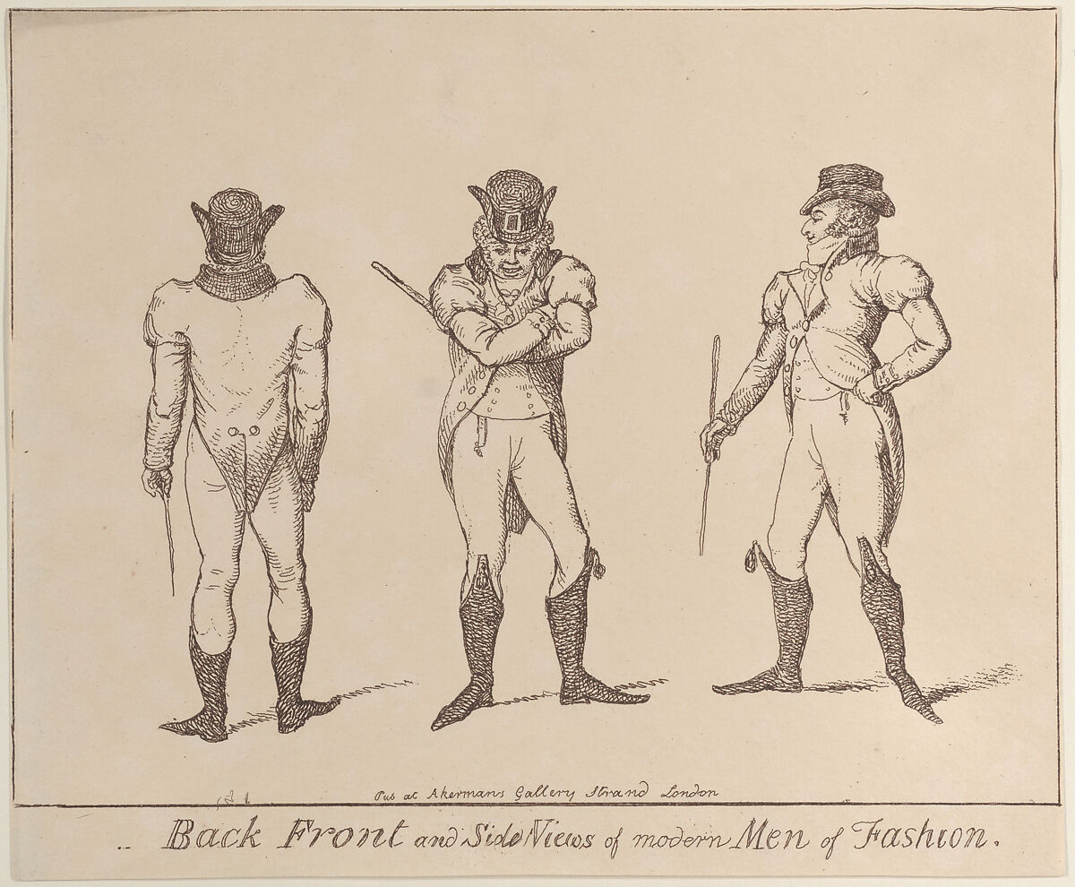 Back, Front, and Side Views of Modern Men of Fashion: Fashions a little before 1800, Anonymous, British, early 19th century, Etching 