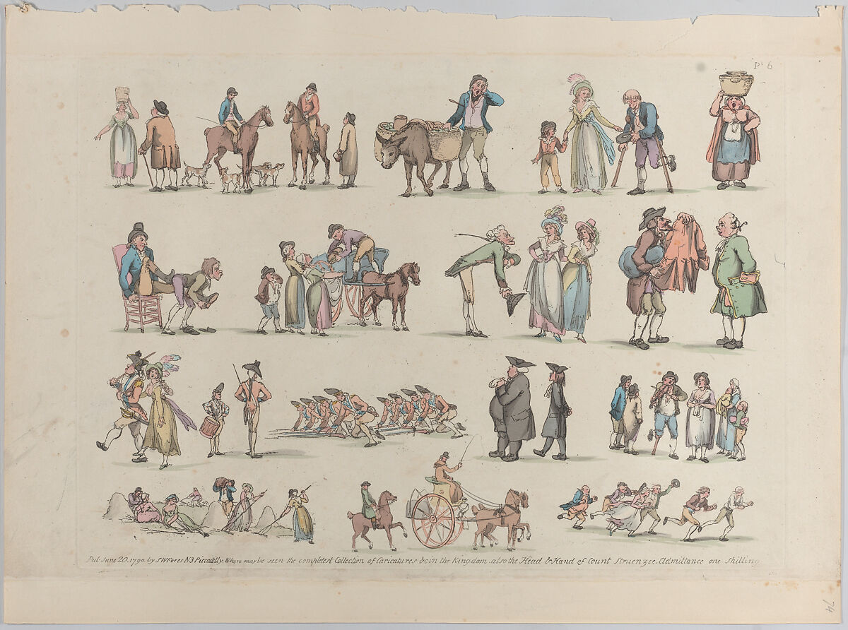 Plate 6, Outlines of Figures, Landscapes and Cattle...for the Use of Learners, Thomas Rowlandson (British, London 1757–1827 London), Hand-colored etching 