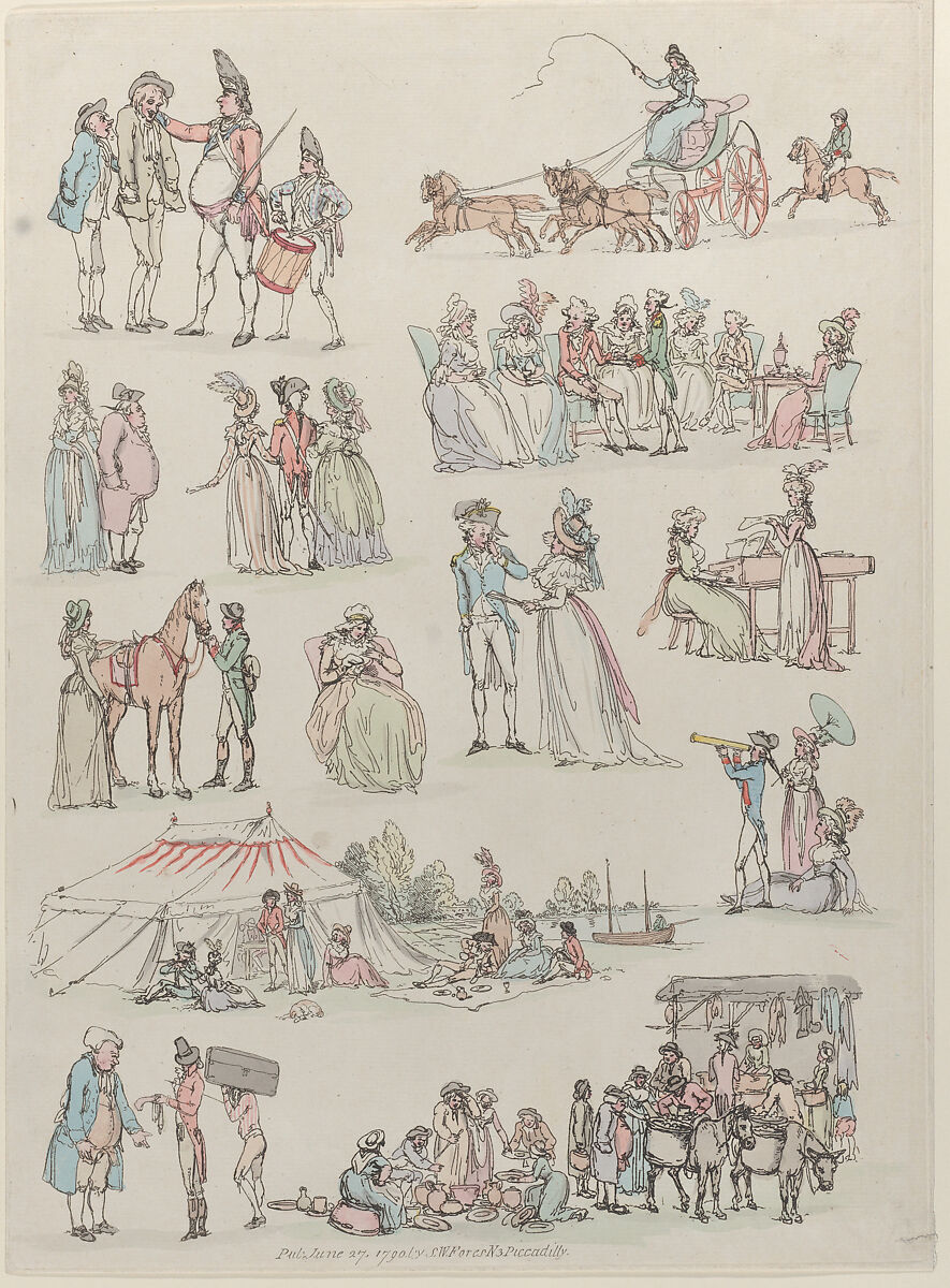 Plate 7, Outlines of Figures, Landscapes and Cattle...for the Use of Learners, Thomas Rowlandson (British, London 1757–1827 London), Hand-colored etching 