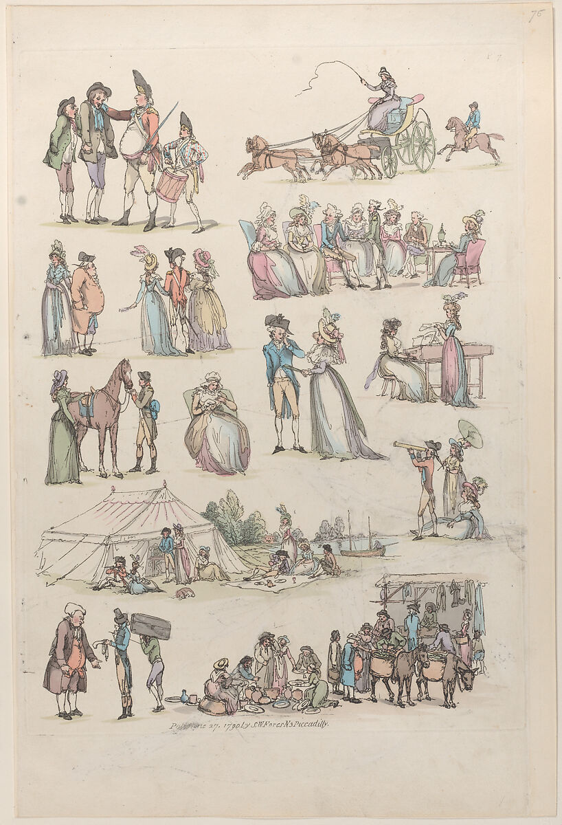 Plate 7, Outlines of Figures, Landscapes and Cattle...for the Use of Learners, Thomas Rowlandson (British, London 1757–1827 London), Hand-colored etching 