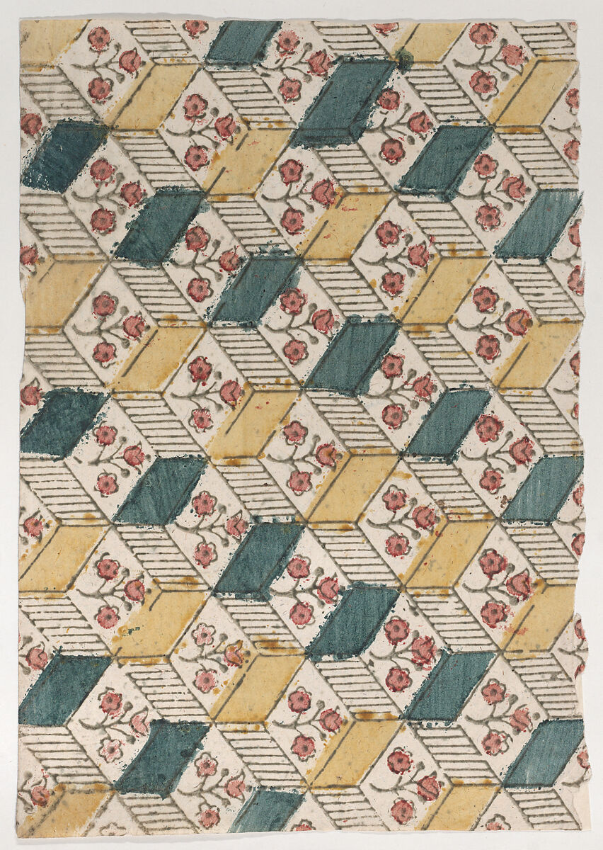 Sheet with an overall floral and geometric pattern, Anonymous  , 19th century, Relief print (wood or metal) 