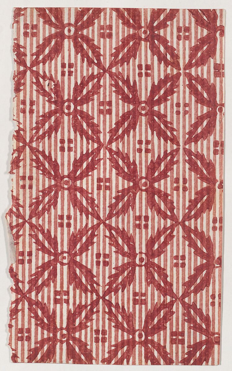Sheet with overall floral pattern with striped background, Anonymous  , 19th century, Relief print (wood or metal) 