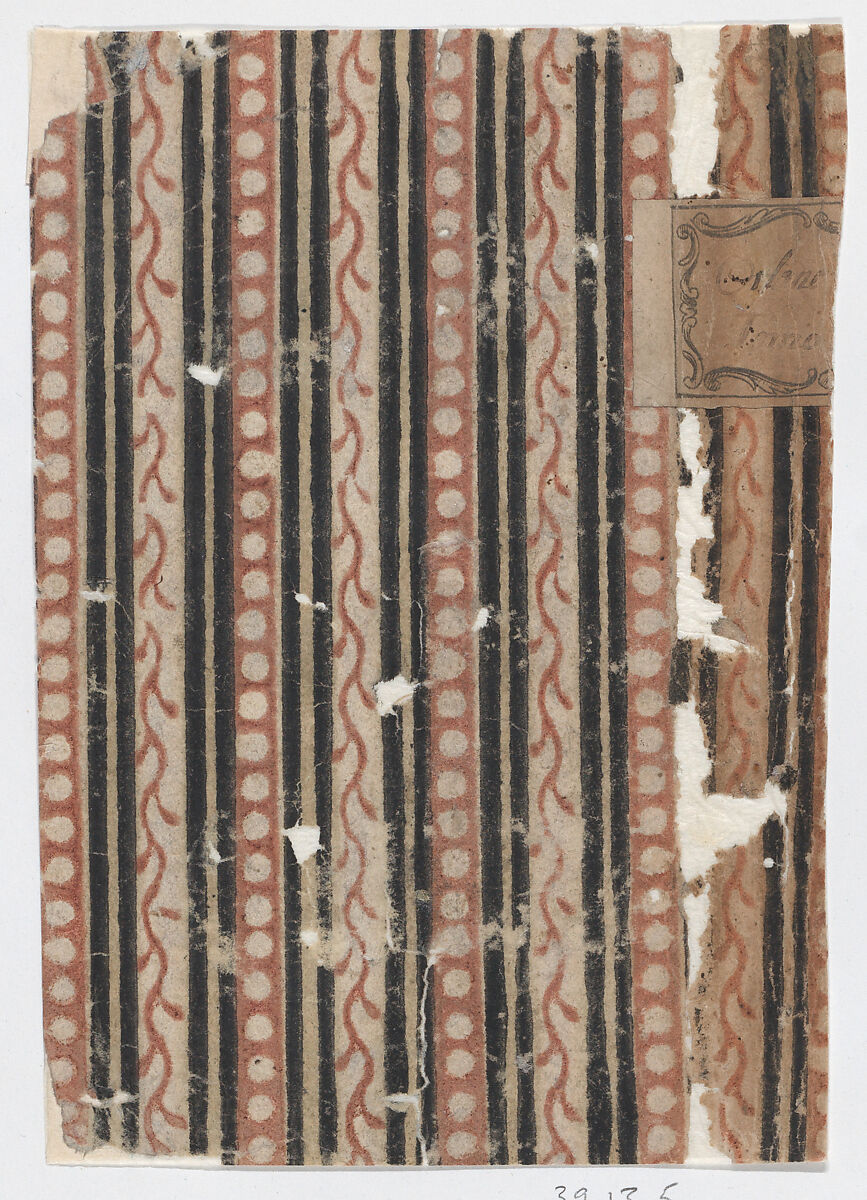 Left side of a book cover with pattern of stripes, vines, and dots, Anonymous  , 19th century, Relief print (wood or metal) 
