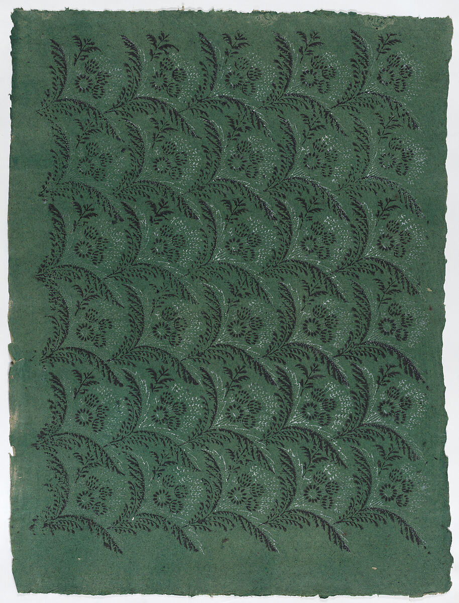 Sheet with overall pattern of leaves and flowers, Anonymous  , 19th century, Relief print (wood or metal)
