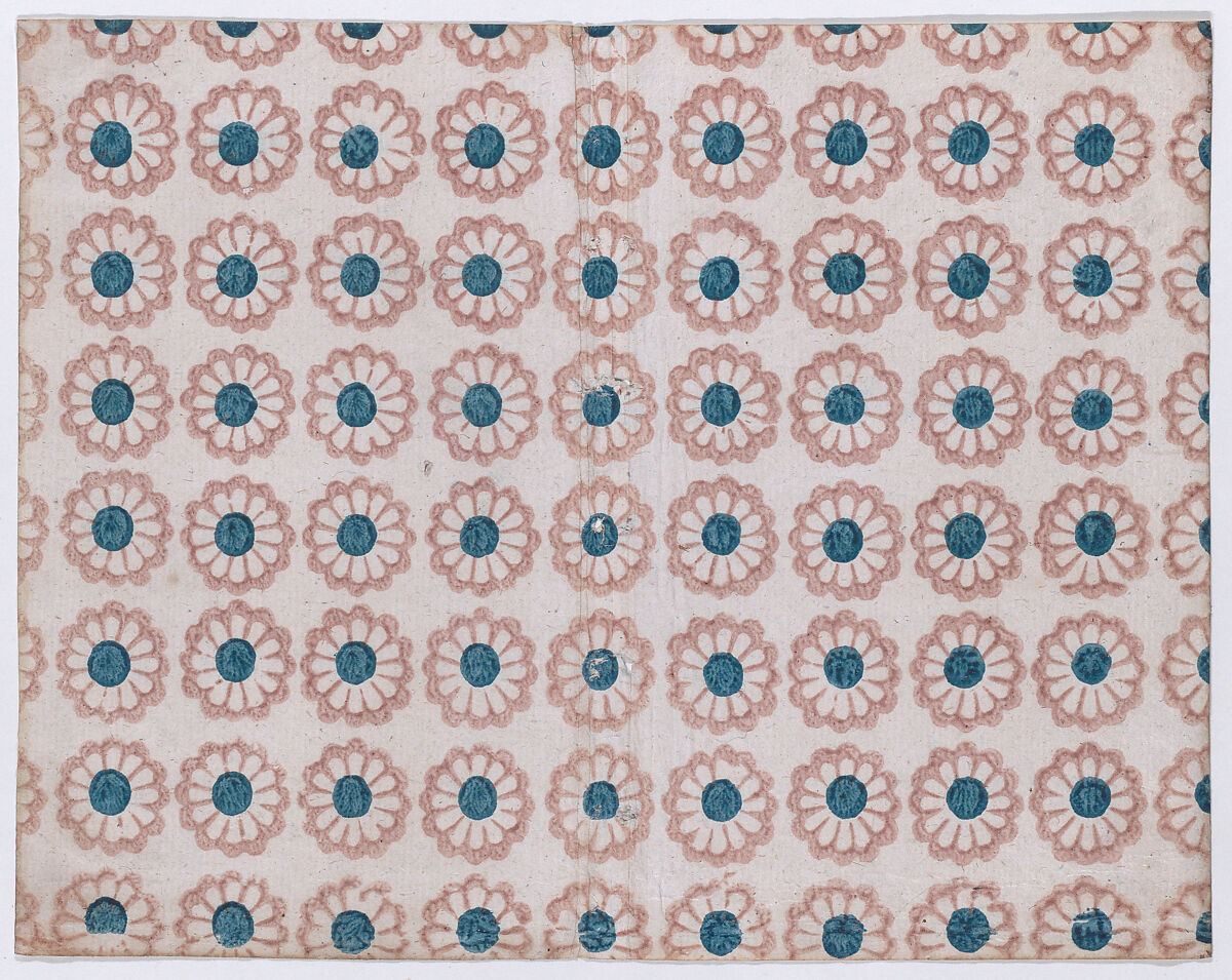 Sheet with overall pattern of pink flowers with blue centers, Anonymous  , 19th century, Relief print (wood or metal) 