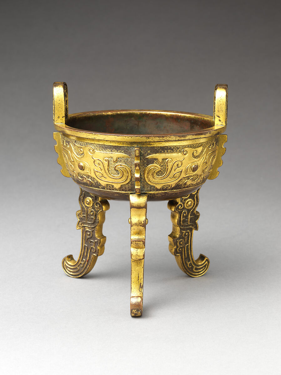 Archaistic tripod censer (Ding), Parcel-gilt bronze, China 