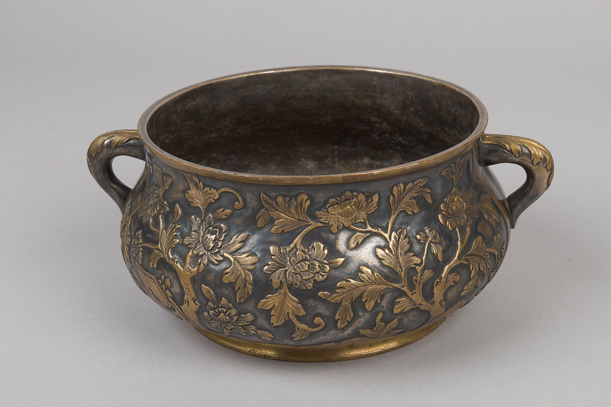 Incense burner with floral pattern, Copper alloy, parcel gilding, and silvering, China