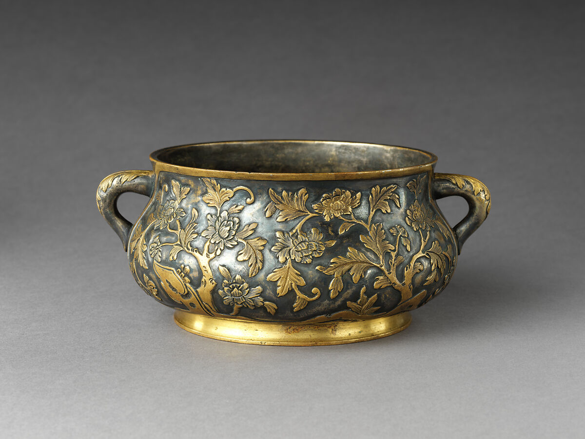 Incense burner with floral pattern, Copper alloy, parcel gilding, and silvering, China