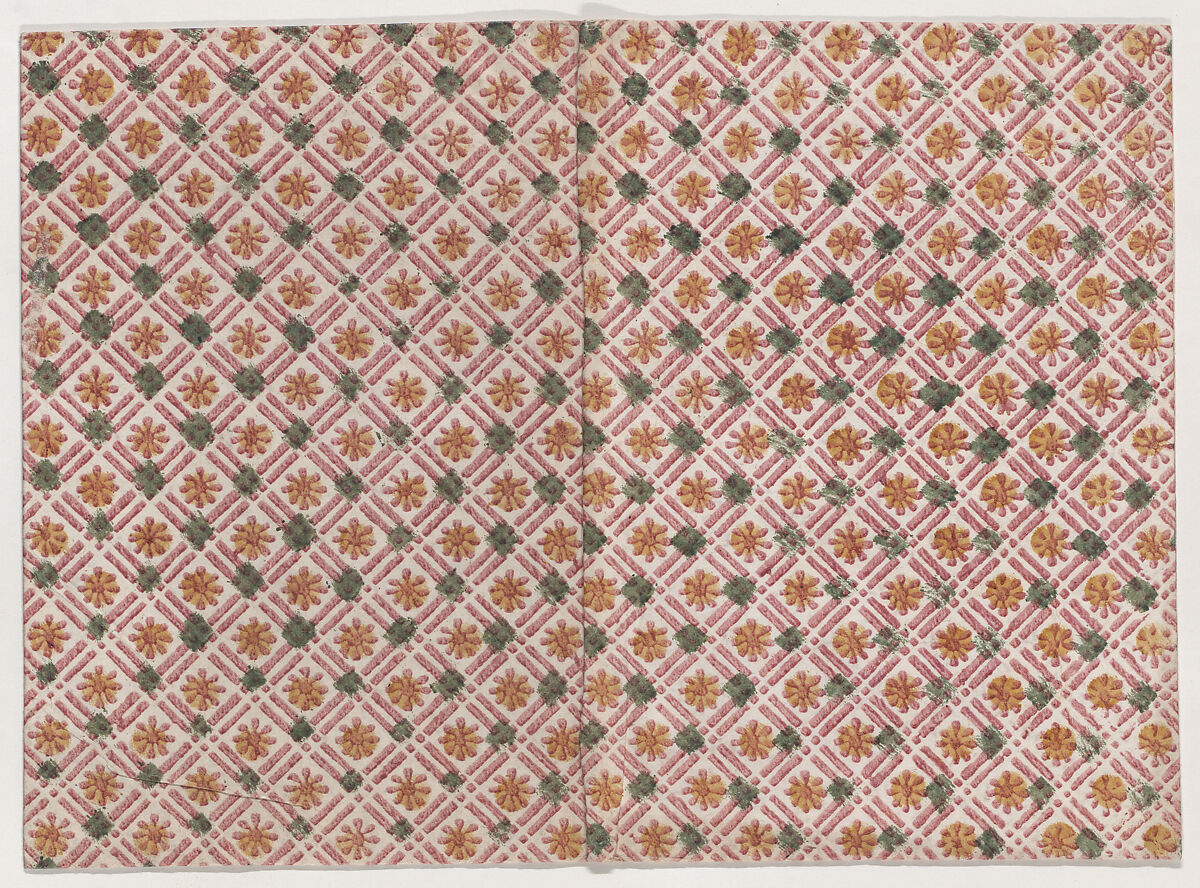 Book cover with geometric and floral pattern in red, yellow, and green, Anonymous  , 19th century, Relief print (wood or metal) 