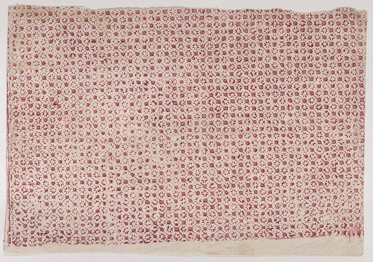 Sheet with a red geometric and floral pattern, Anonymous  , 19th century, Relief print (wood or metal) 