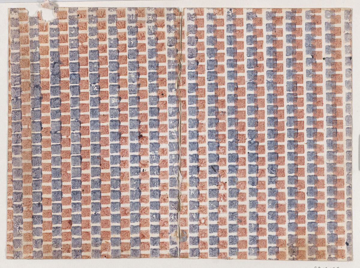 Book cover with overall pattern of blue and red squares, Anonymous  , 19th century, Relief print (wood or metal) 