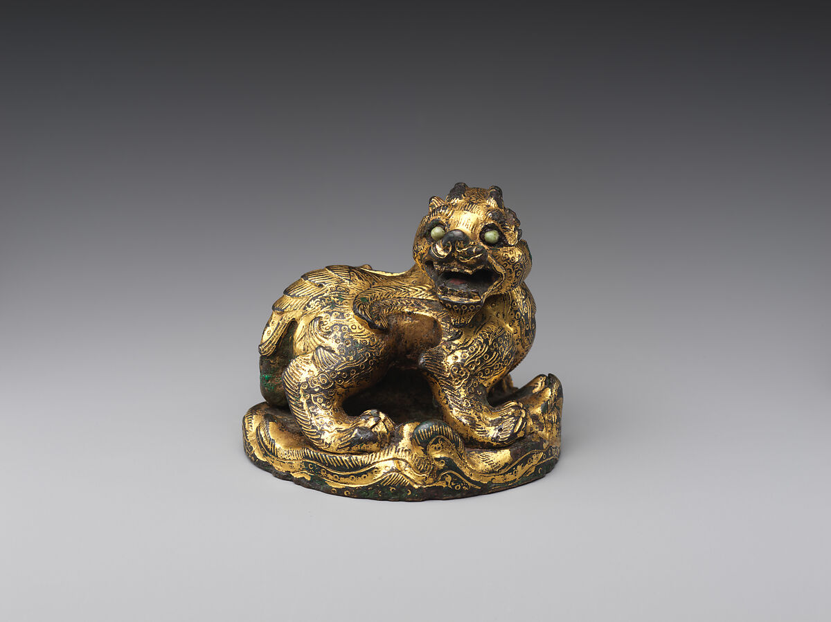 Weight in the Shape of a Chimera (bixie), Bronze with gilding and gold and turquoise inlays, China 