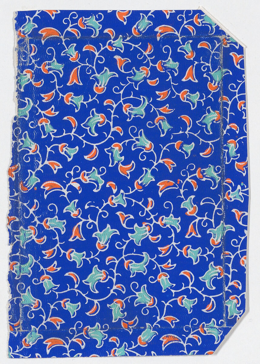 Bright blue sheet with vine pattern, Anonymous  , 19th century, Relief print (wood or metal) 