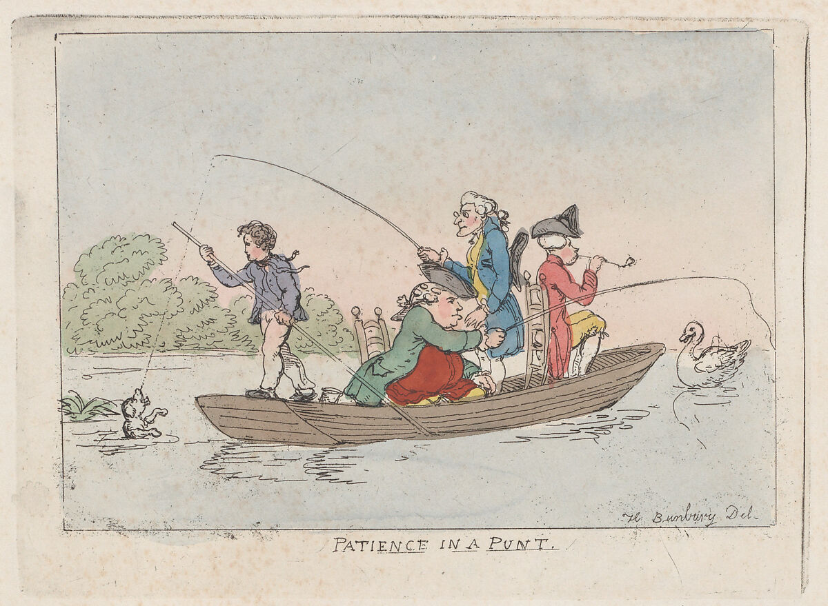 Patience in a Punt, Thomas Rowlandson (British, London 1757–1827 London), Hand-colored etching 