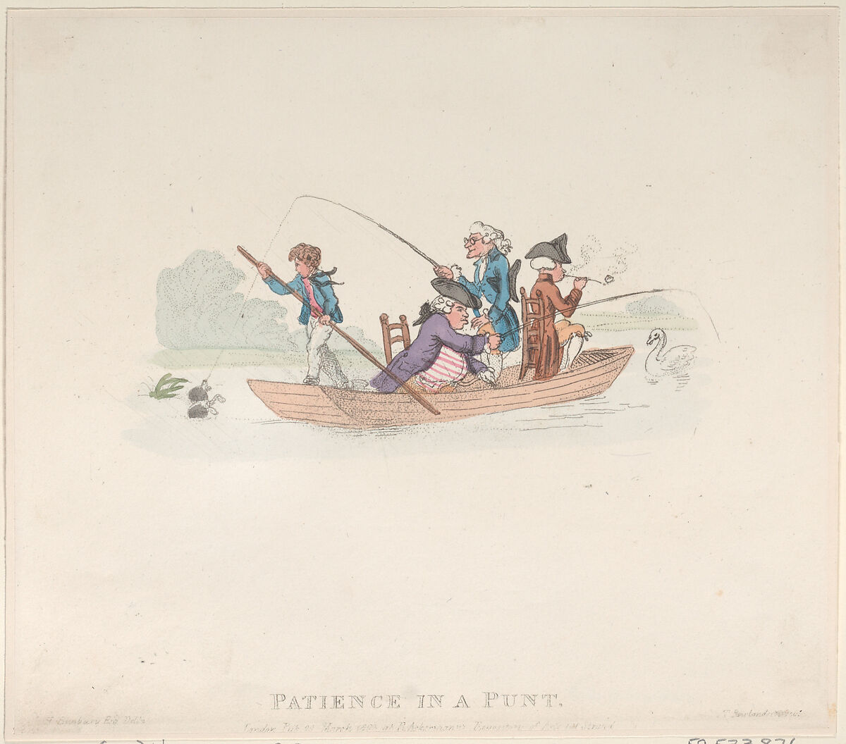 Patience in a Punt, Thomas Rowlandson (British, London 1757–1827 London), Hand-colored etching 