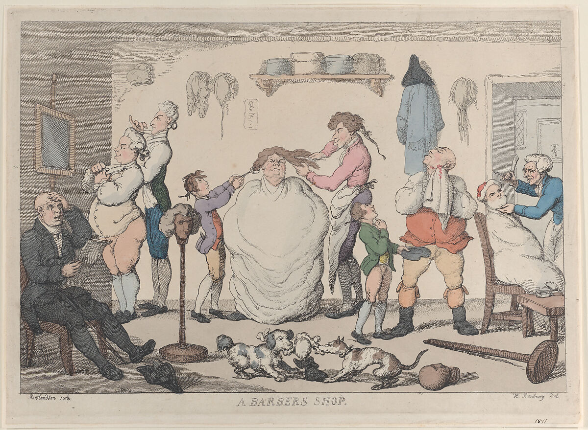 A Barber's Shop, Thomas Rowlandson (British, London 1757–1827 London), Hand-colored etching 