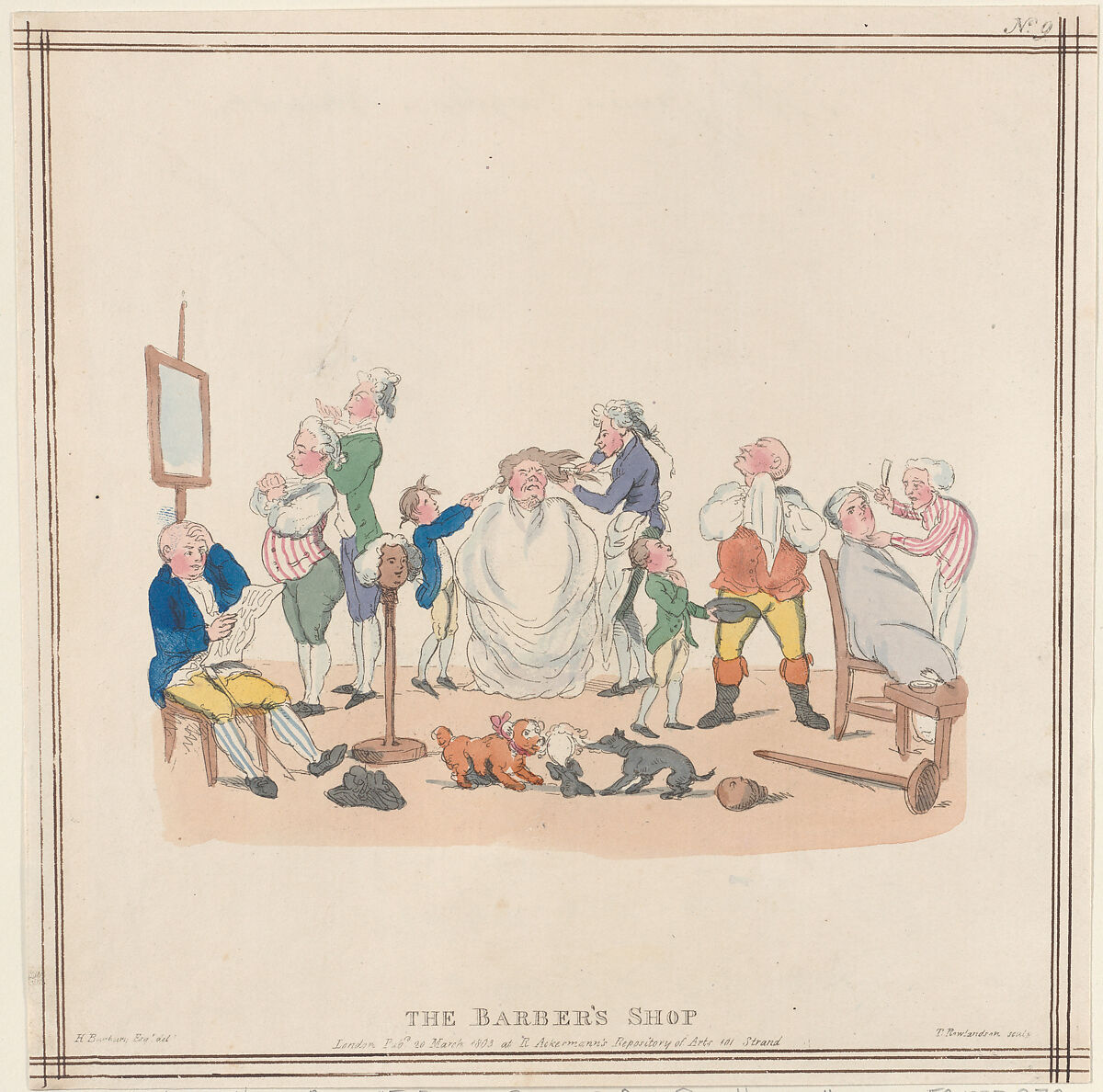 The Barber's Shop, Thomas Rowlandson (British, London 1757–1827 London), Hand-colored etching 