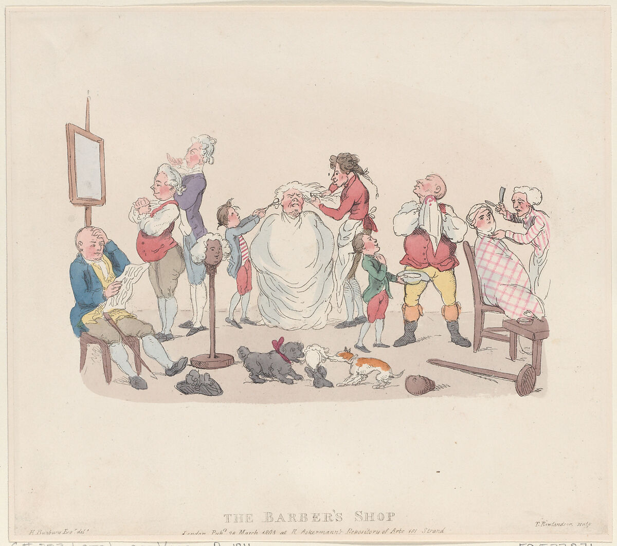 The Barber's Shop, Thomas Rowlandson (British, London 1757–1827 London), Hand-colored etching 