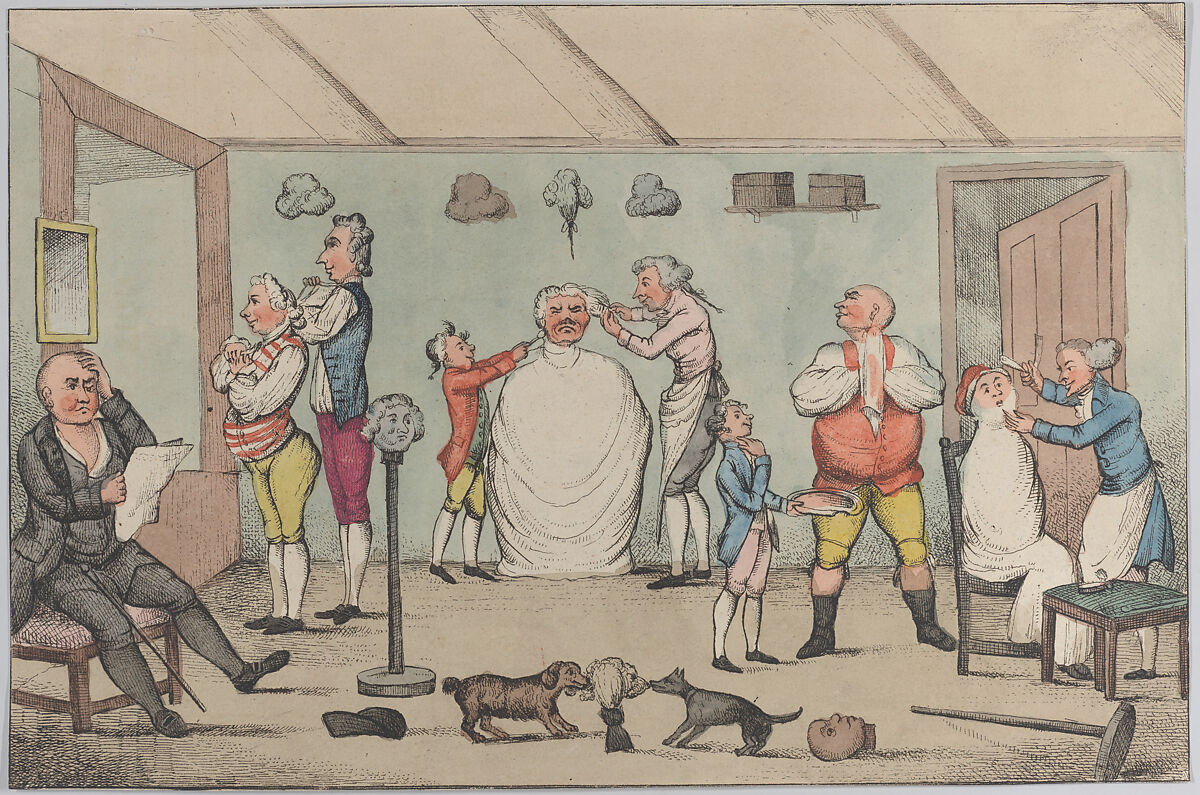 The Barber's Shop, Anonymous, British, 19th century, Hand-colored etching 